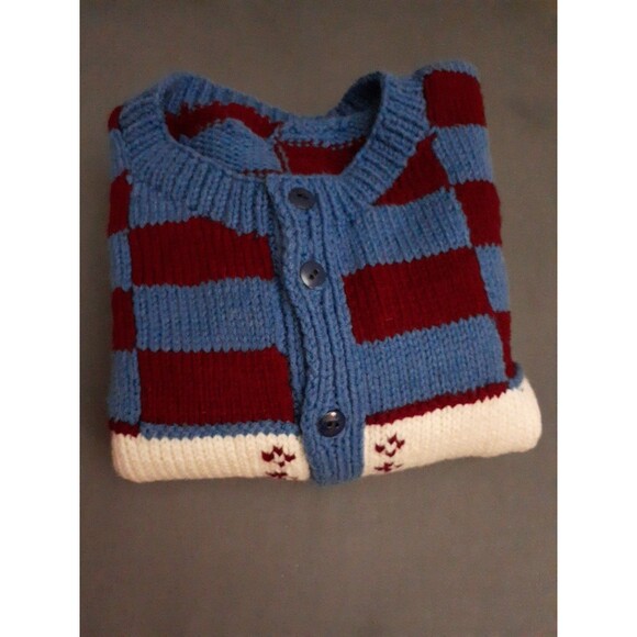 Hand Knitted  Cardigan Child Sweater Blue Maroon White Pattern Hand Handmade M L - Picture 2 of 8